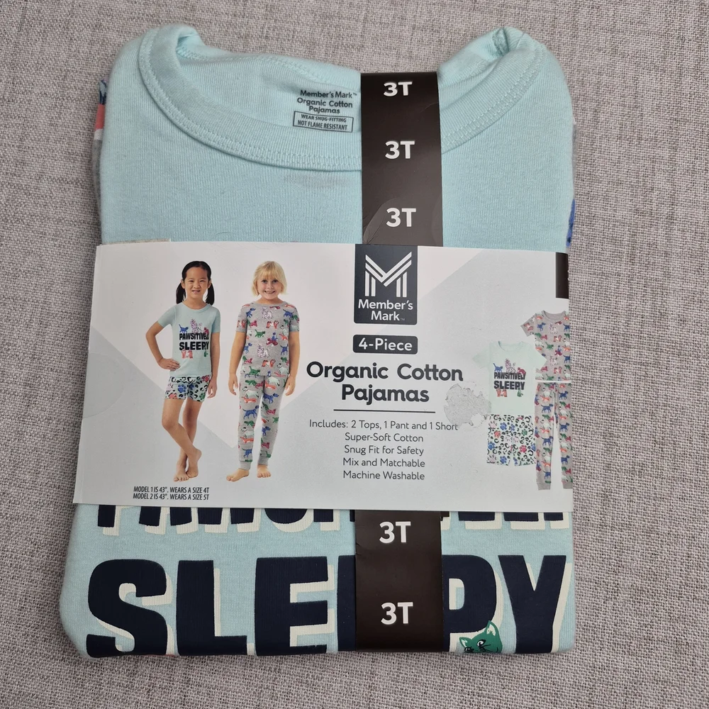 NWT Member's Mark 3T Organic Cotton Pajamas 4-Piece Set Pawsitively Sleepy